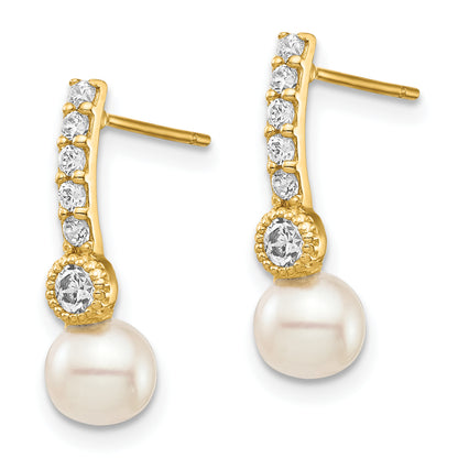 14K Yellow Gold 6mm White Semi Round Freshwater Cultured Pearl Cz Post Drop Earrings