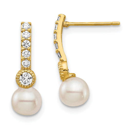 14K Yellow Gold 6mm White Semi Round Freshwater Cultured Pearl Cz Post Drop Earrings