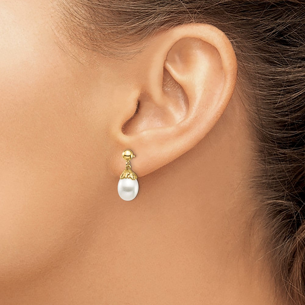 14K Yellow Gold 7 8mm White Rice Freshwater Cultured Pearl Post Dangle Earrings