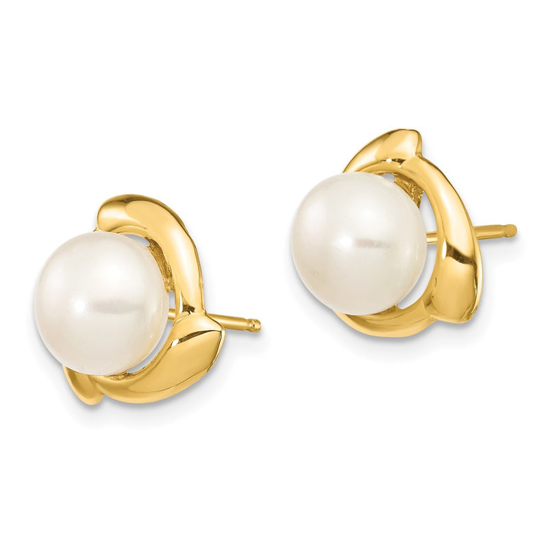 14K Yellow Gold 7 8mm White Button Freshwater Cultured Pearl Post Earrings