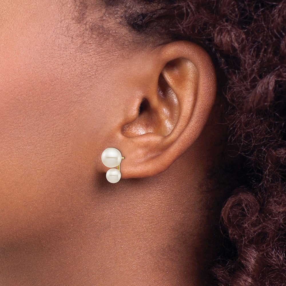 14K Yellow Gold 5mm And 7mm White Round Freshwater Cultured Double Pearl Post Earrings