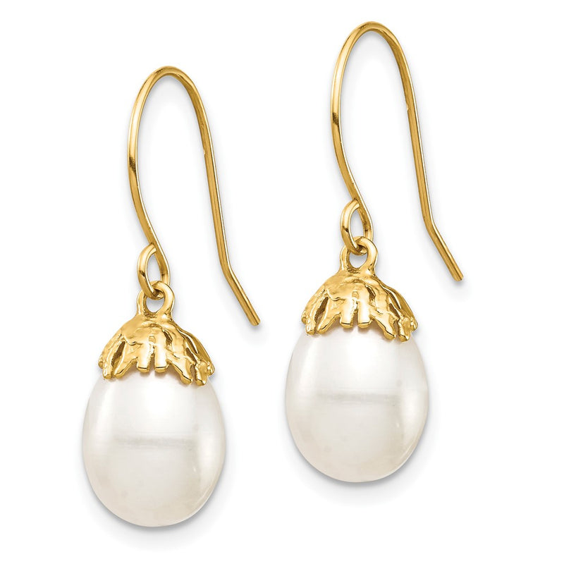 14K Yellow Gold 7 8mm White Rice Freshwater Cultured Pearl Dangle Earrings