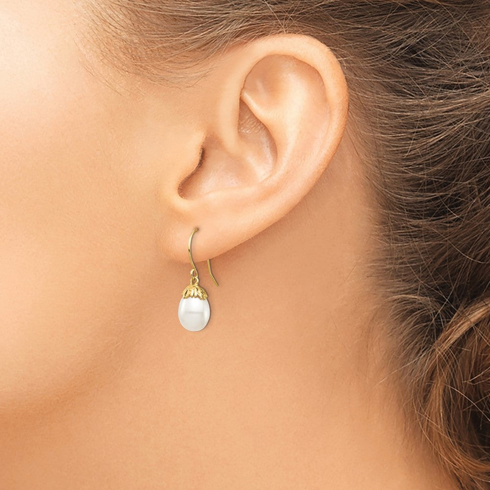 14K Yellow Gold 7 8mm White Rice Freshwater Cultured Pearl Dangle Earrings