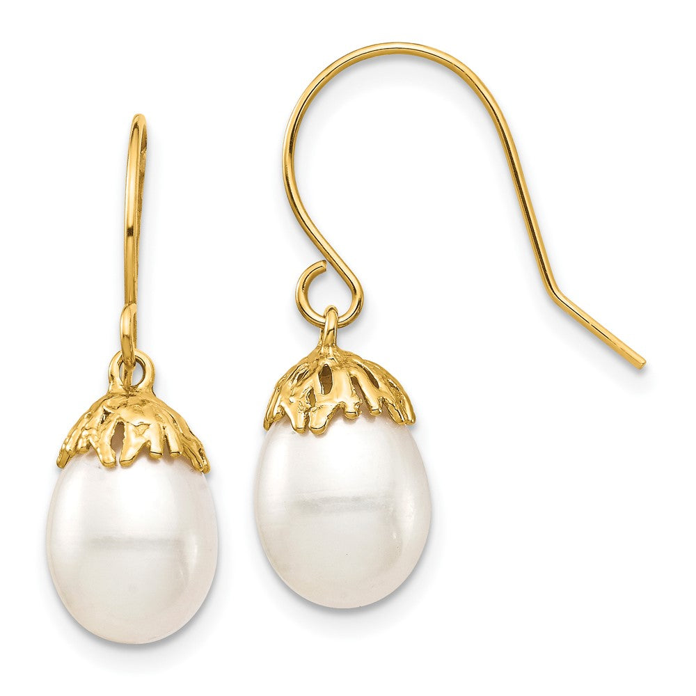 14K Yellow Gold 7 8mm White Rice Freshwater Cultured Pearl Dangle Earrings