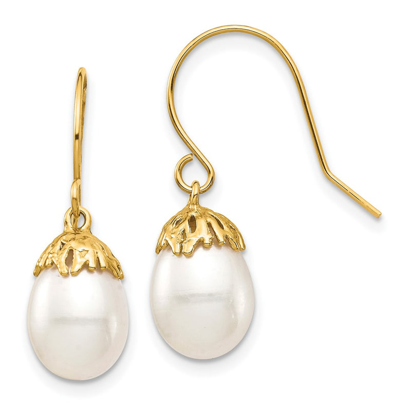 14K Yellow Gold 7 8mm White Rice Freshwater Cultured Pearl Dangle Earrings