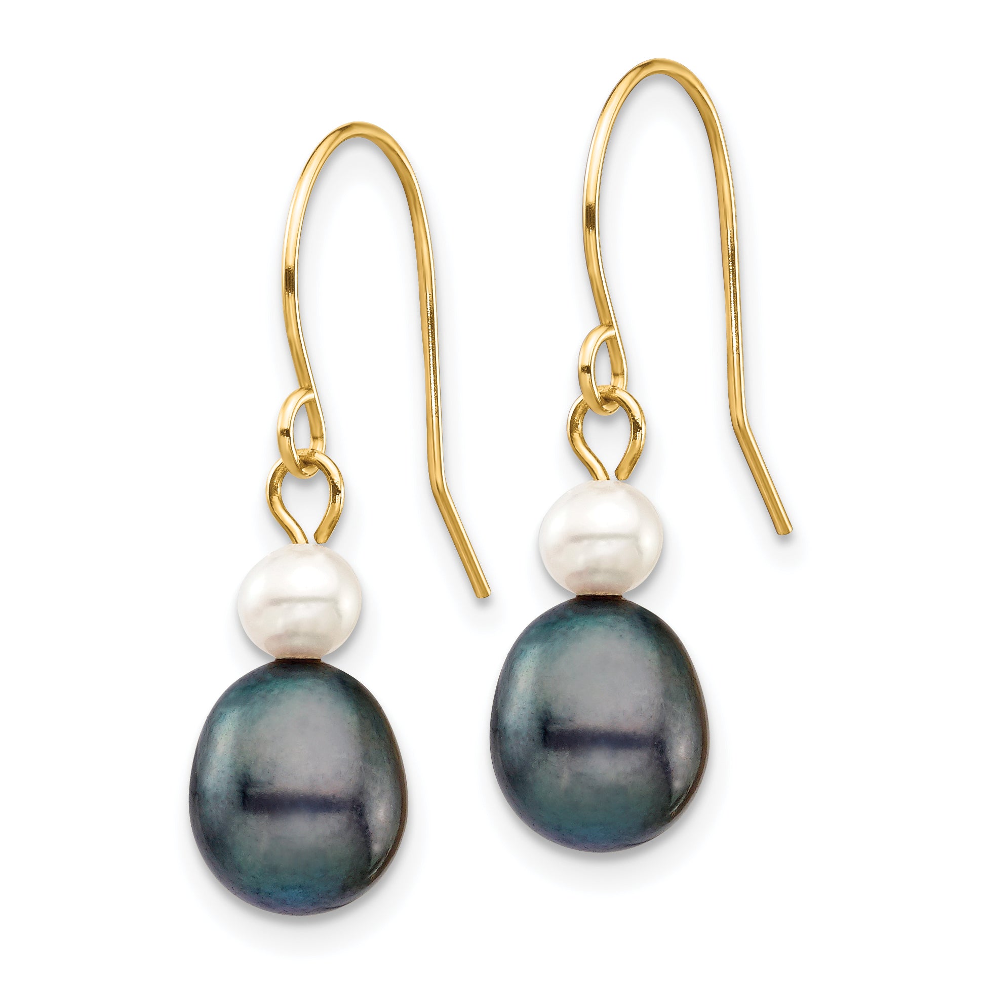 14K Yellow Gold 4 7mm Black Rice And White Round Freshwater Cultured Pearl Dangle Earrings
