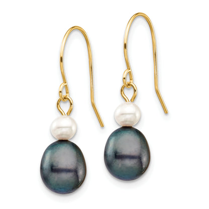 14K Yellow Gold 4 7mm Black Rice And White Round Freshwater Cultured Pearl Dangle Earrings