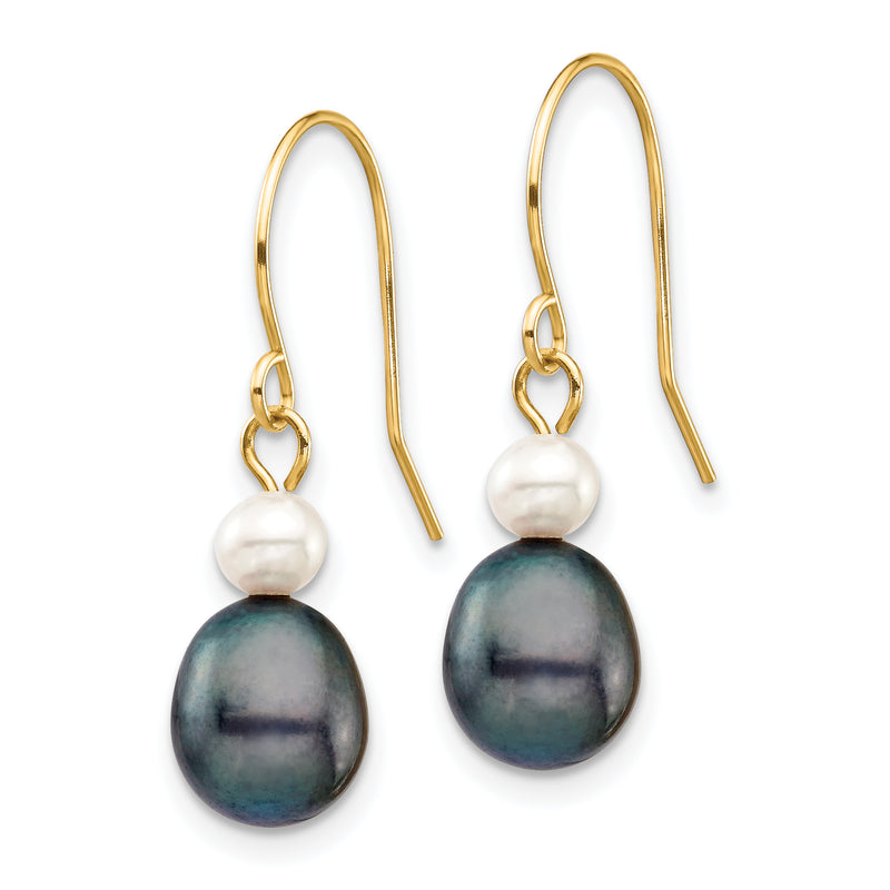14K Yellow Gold 4 7mm Black Rice And White Round Freshwater Cultured Pearl Dangle Earrings