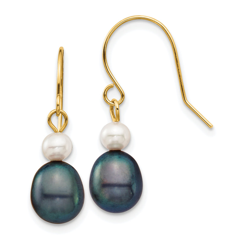 14K Yellow Gold 4 7mm Black Rice And White Round Freshwater Cultured Pearl Dangle Earrings