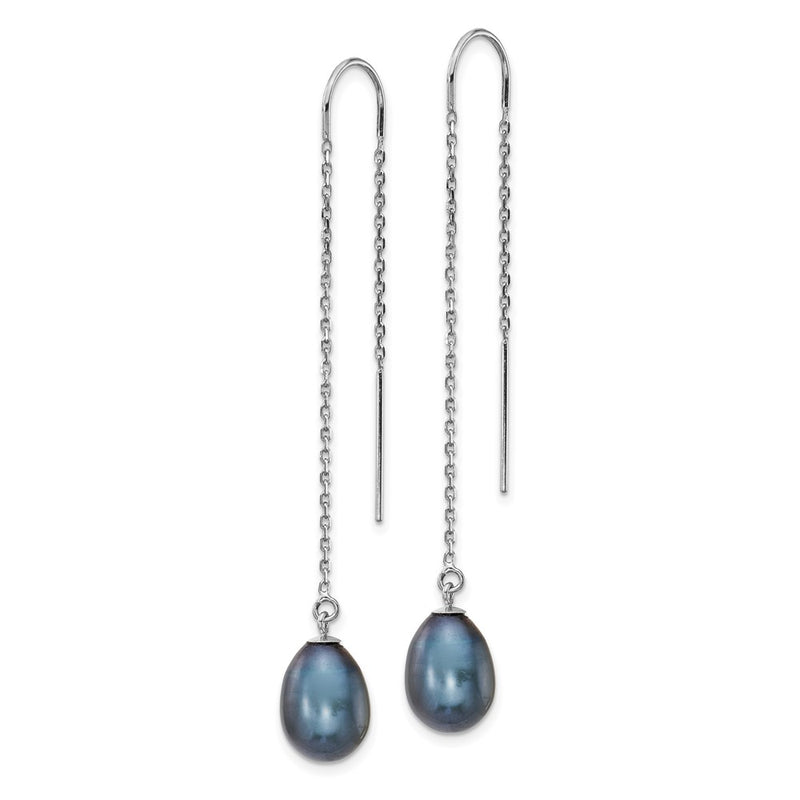 14K White Gold 7 8mm Black Teardrop Freshwater Cultured Pearl Threader Earrings
