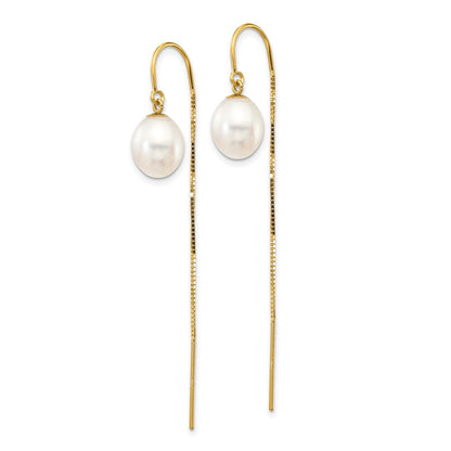 14K Yellow Gold 7 8mm White Rice Freshwater Cultured Pearl Box Chain Threader Earrings