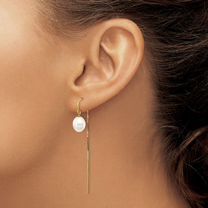 14K Yellow Gold 7 8mm White Rice Freshwater Cultured Pearl Box Chain Threader Earrings