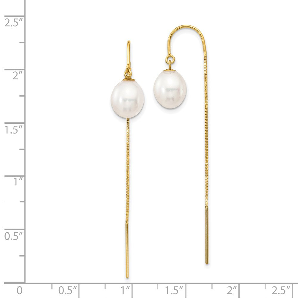 14K Yellow Gold 7 8mm White Rice Freshwater Cultured Pearl Box Chain Threader Earrings