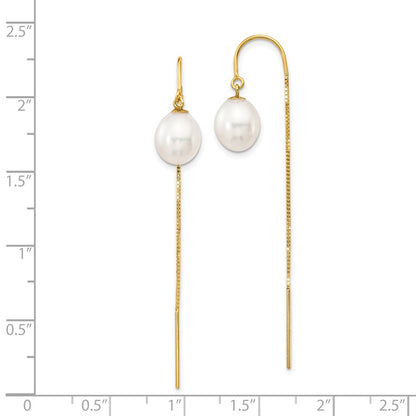 14K Yellow Gold 7 8mm White Rice Freshwater Cultured Pearl Box Chain Threader Earrings