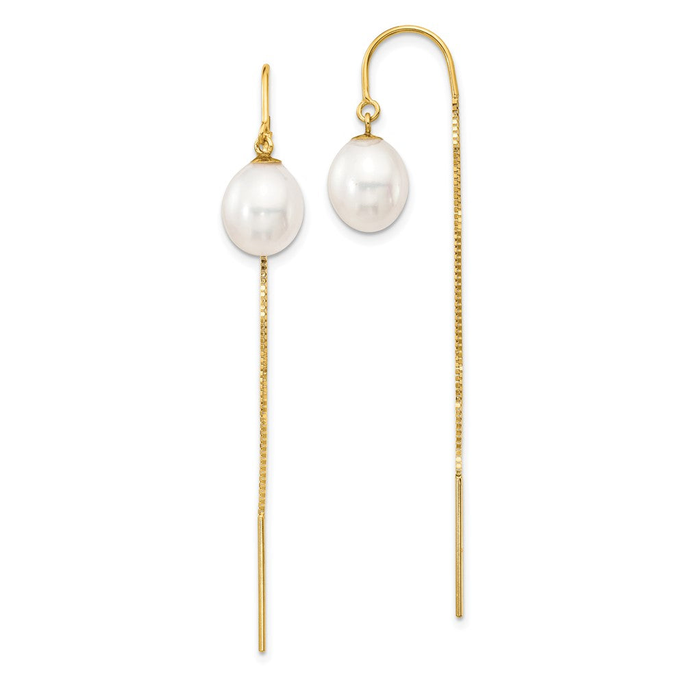 14K Yellow Gold 7 8mm White Rice Freshwater Cultured Pearl Box Chain Threader Earrings