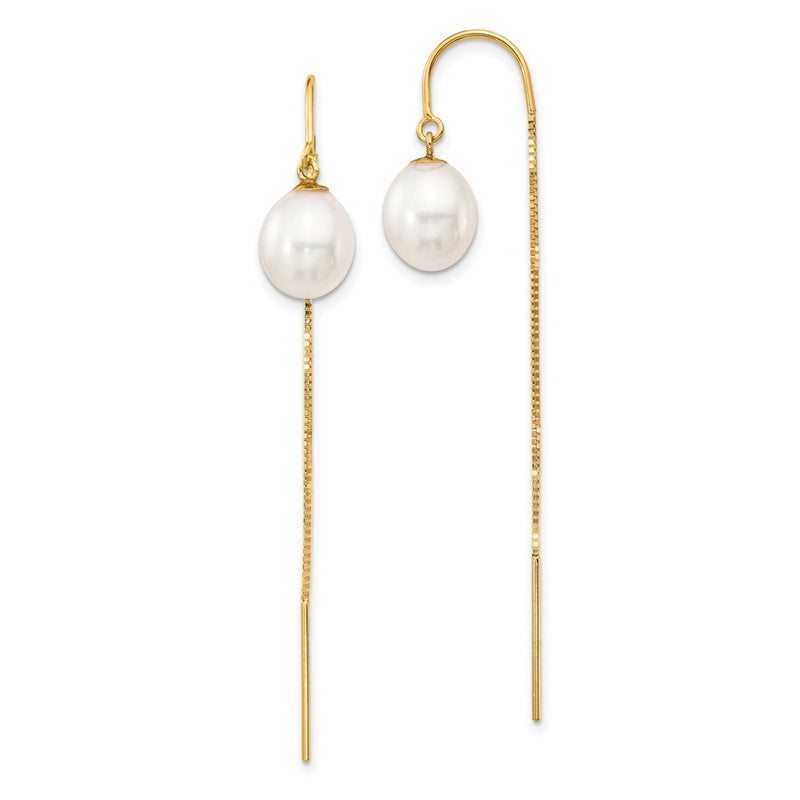 14K Yellow Gold 7 8mm White Rice Freshwater Cultured Pearl Box Chain Threader Earrings