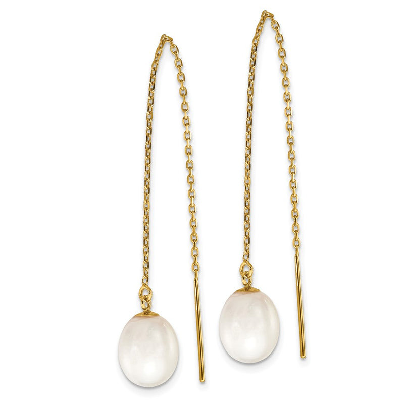 14K Yellow Gold 7 8mm White Rice Freshwater Cultured Pearl Cable Chain Threader Earrings