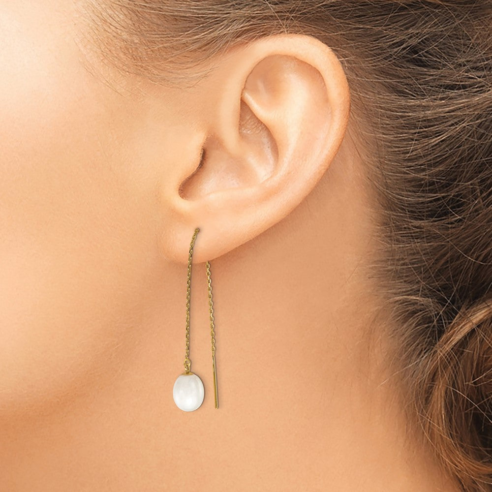 14K Yellow Gold 7 8mm White Rice Freshwater Cultured Pearl Cable Chain Threader Earrings