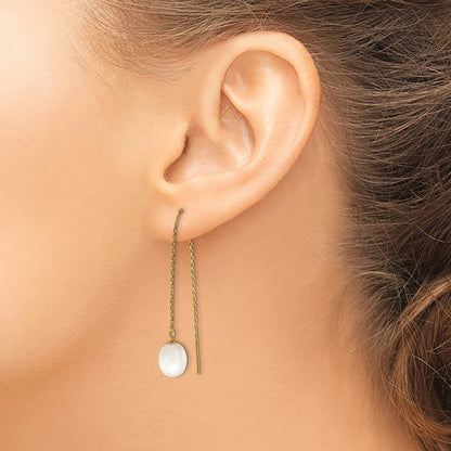 14K Yellow Gold 7 8mm White Rice Freshwater Cultured Pearl Cable Chain Threader Earrings