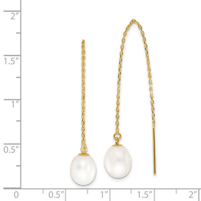 14K Yellow Gold 7 8mm White Rice Freshwater Cultured Pearl Cable Chain Threader Earrings