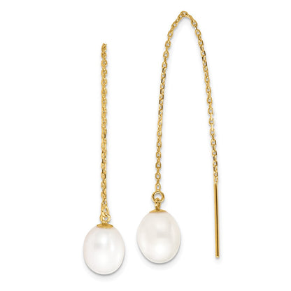 14K Yellow Gold 7 8mm White Rice Freshwater Cultured Pearl Cable Chain Threader Earrings