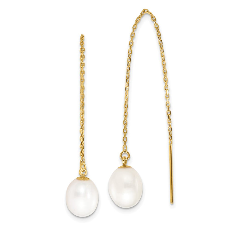 14K Yellow Gold 7 8mm White Rice Freshwater Cultured Pearl Cable Chain Threader Earrings