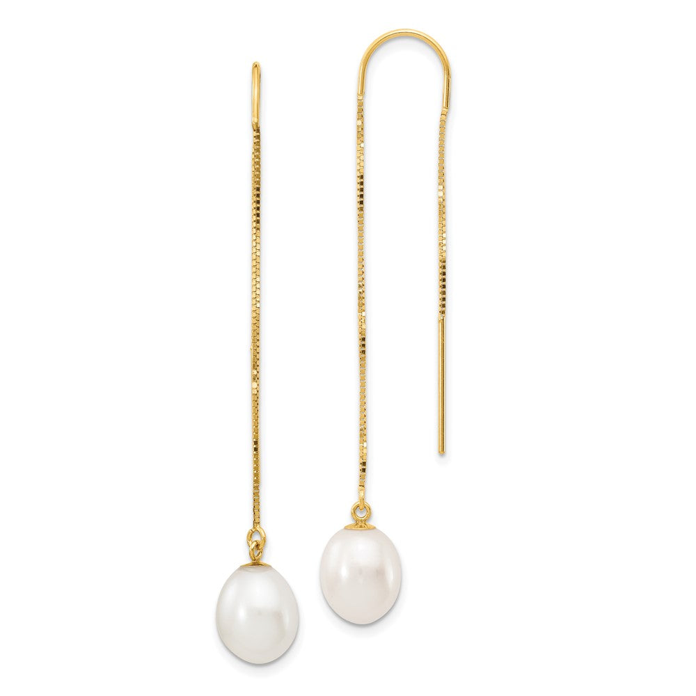 14K Yellow Gold 7 8mm White Rice Freshwater Cultured Pearl Box Chain Threader Earrings
