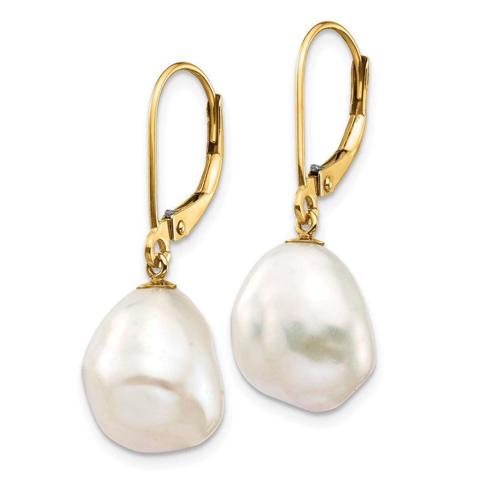 14K Yellow Gold 10X12mm White Keshi Freshwater Cultured Pearl Dangle Leverback Earrings