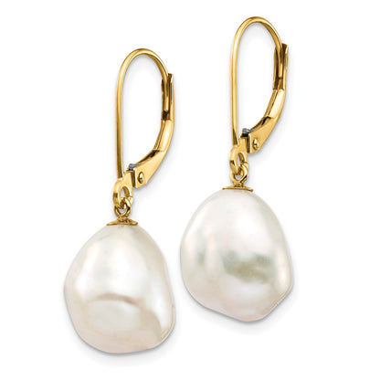 14K Yellow Gold 10X12mm White Keshi Freshwater Cultured Pearl Dangle Leverback Earrings
