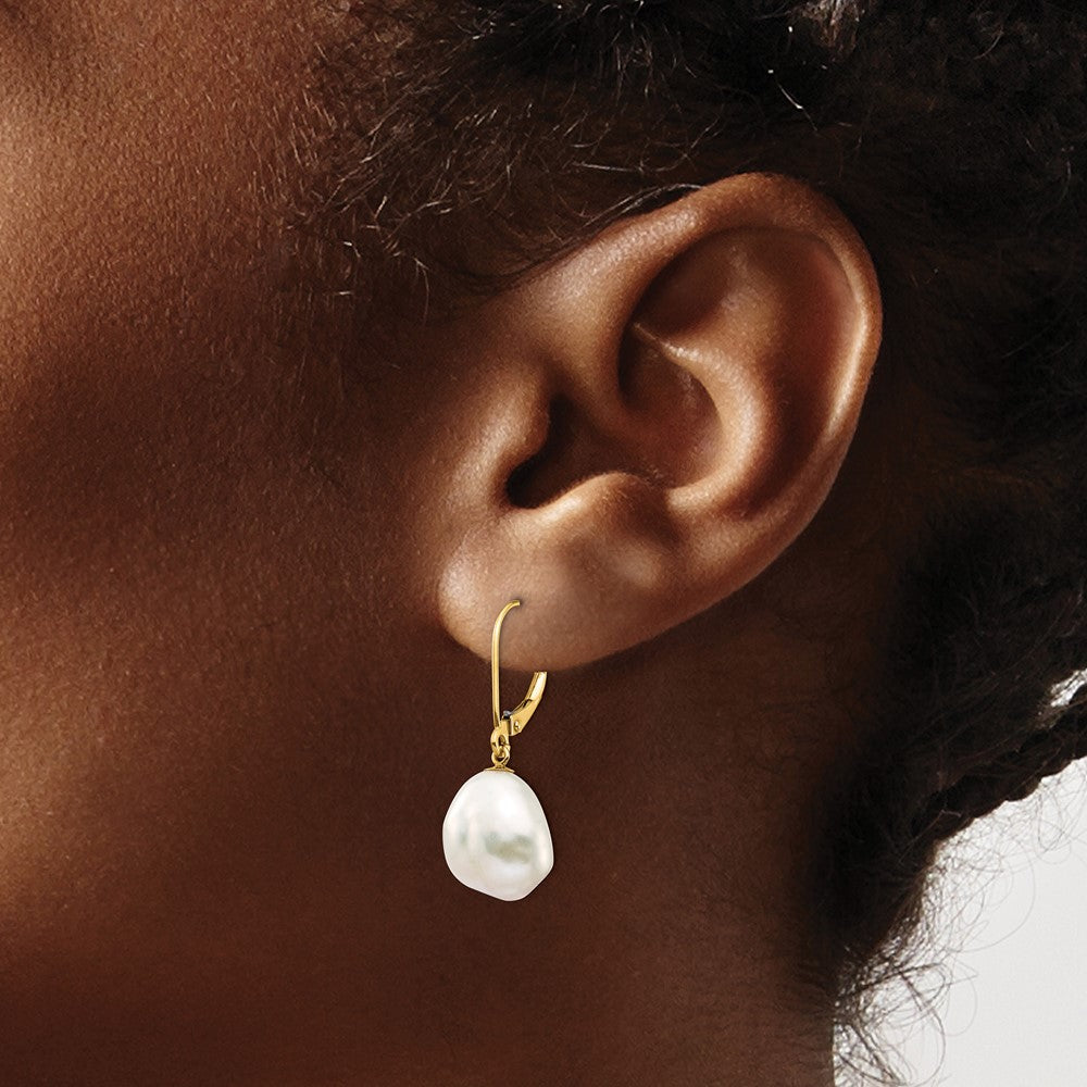 14K Yellow Gold 10X12mm White Keshi Freshwater Cultured Pearl Dangle Leverback Earrings