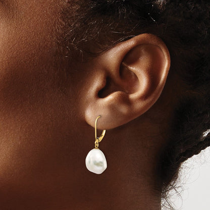 14K Yellow Gold 10X12mm White Keshi Freshwater Cultured Pearl Dangle Leverback Earrings