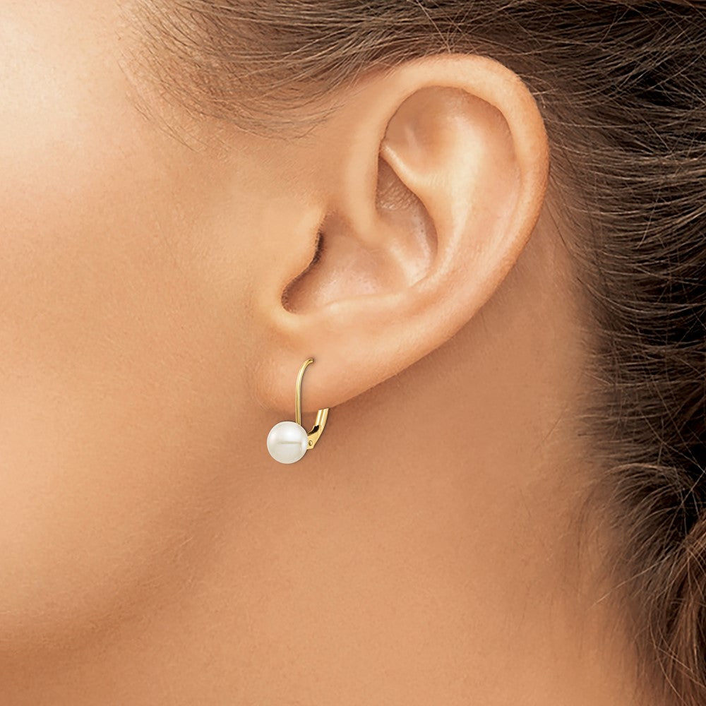 14K Yellow Gold 6 7mm White Button Freshwater Cultured Pearl Leverback Earrings
