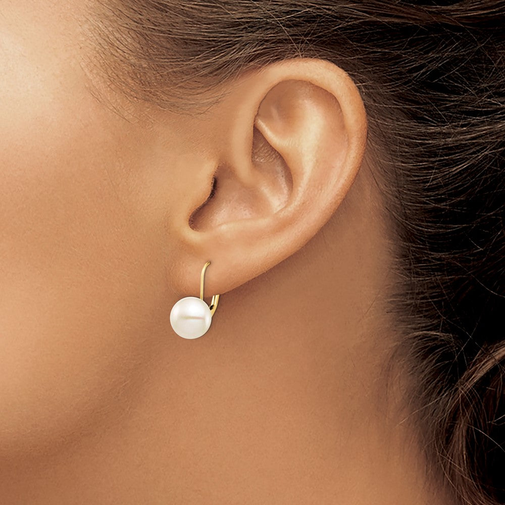 14K Yellow Gold 9 10mm White Button Freshwater Cultured Pearl Leverback Earrings