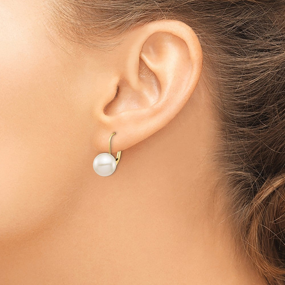 14K Yellow Gold 9 10mm White Round Freshwater Cultured Pearl Leverback Earrings