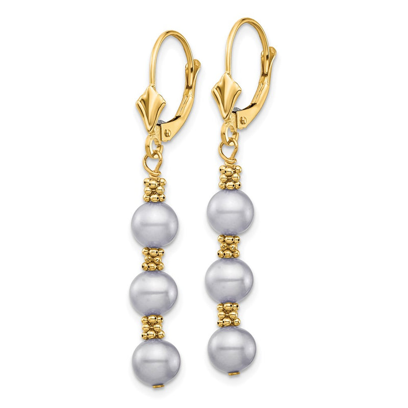 14K Yellow Gold 5 6mm Grey Semi Round Freshwater Cultured Pearl Dangle Leverback Earrings