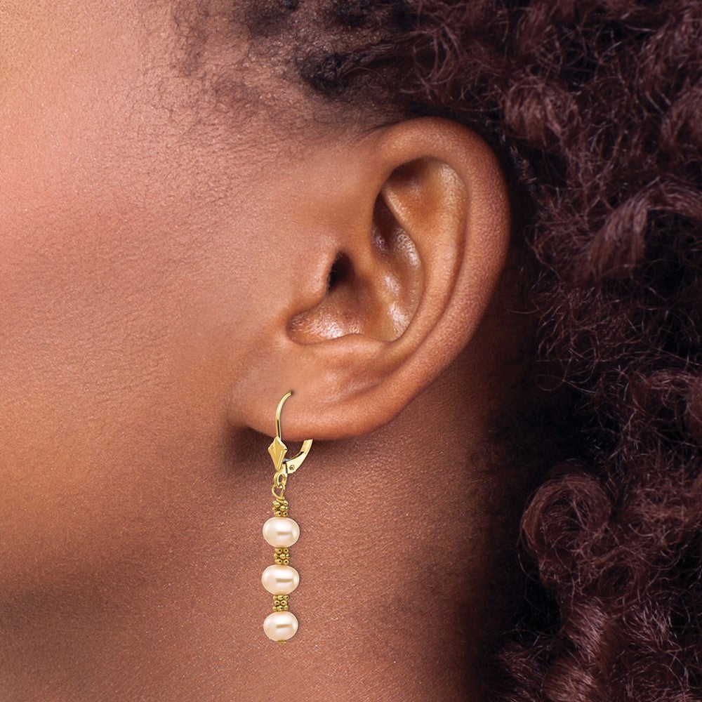 14K Yellow Gold 5 6mm Pink Semi Round Freshwater Cultured Pearl Dangle Leverback Earrings