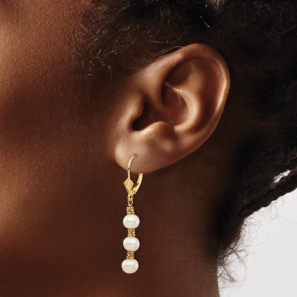 14K Yellow Gold 5 6mm White Semi Round Freshwater Cultured Pearl Dangle Leverback Earrings