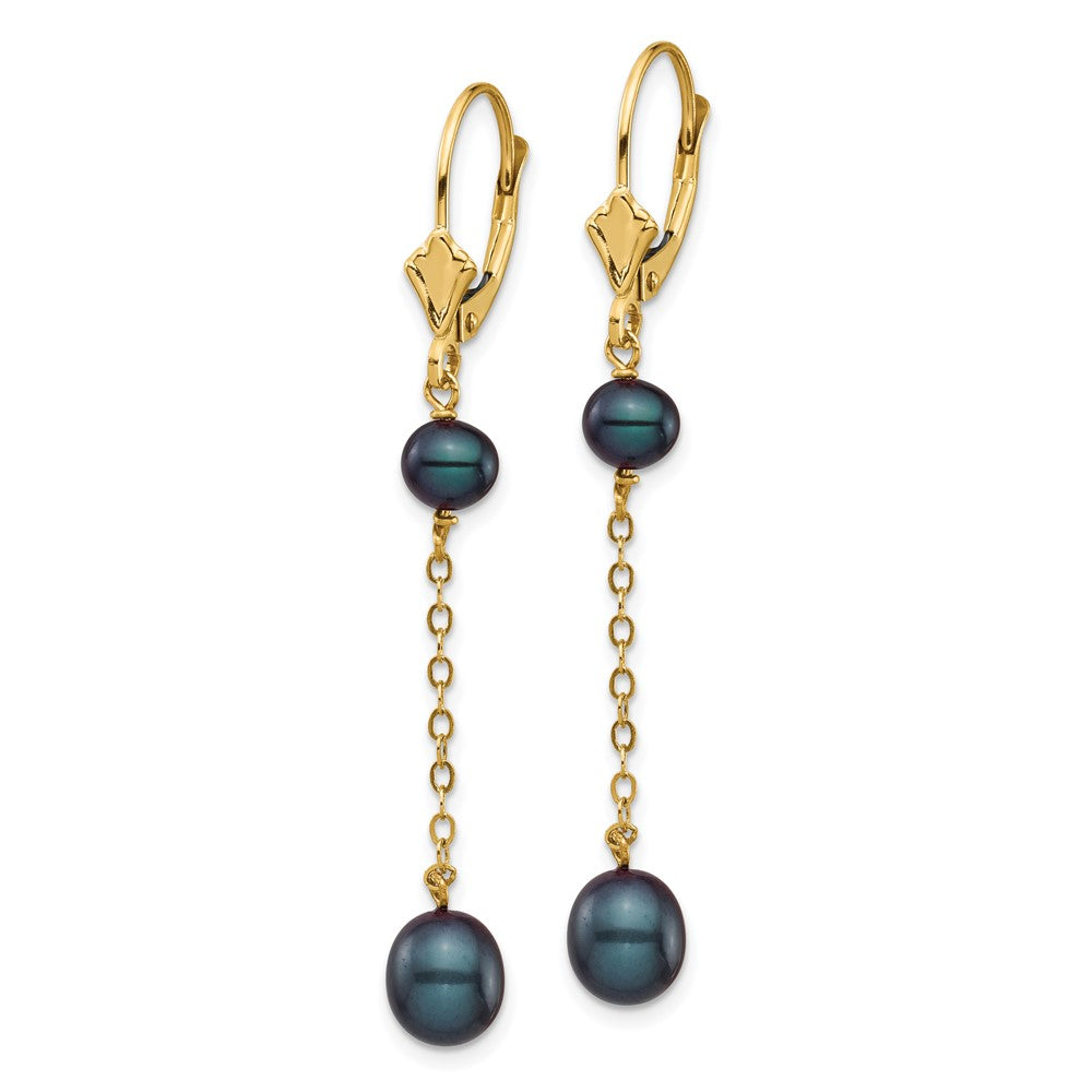 14K Yellow Gold 5 7mm Black Rice And Semi Round Freshwater Cultured Pearl Dangle Leverback Earrings