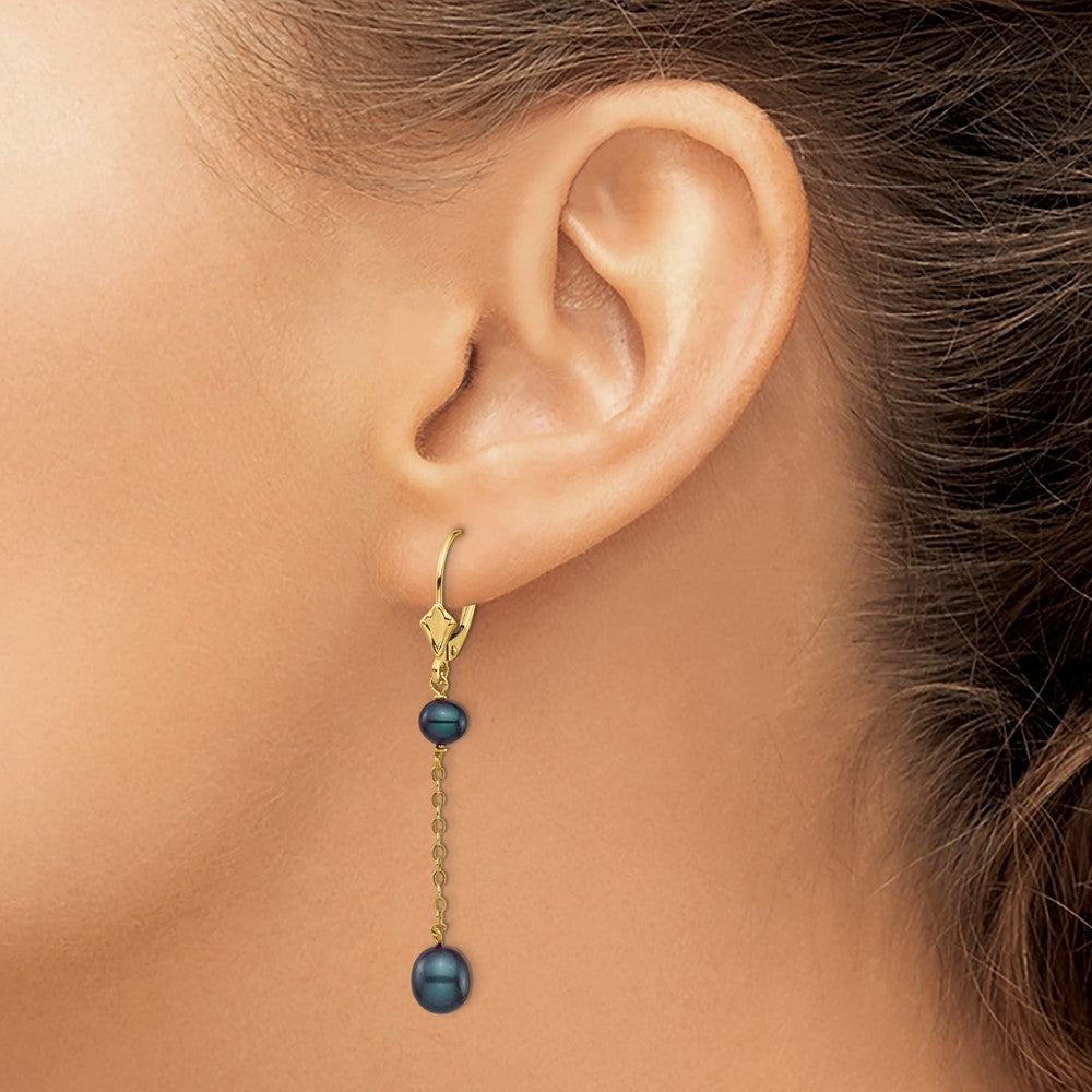 14K Yellow Gold 5 7mm Black Rice And Semi Round Freshwater Cultured Pearl Dangle Leverback Earrings
