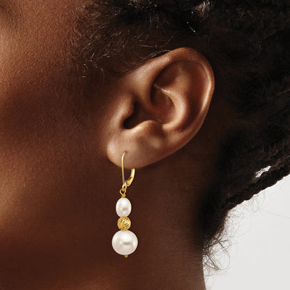 14K Yellow Gold 6 10mm White Round And Rice Freshwater Cultured Pearland Diamond Cut Beaded Dangle Leverback Earrings