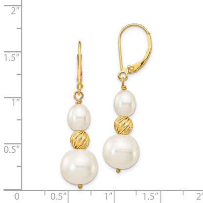 14K Yellow Gold 6 10mm White Round And Rice Freshwater Cultured Pearland Diamond Cut Beaded Dangle Leverback Earrings