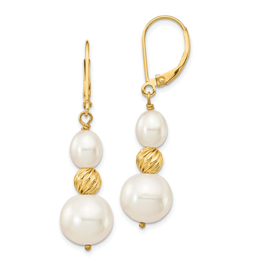 14K Yellow Gold 6 10mm White Round And Rice Freshwater Cultured Pearland Diamond Cut Beaded Dangle Leverback Earrings