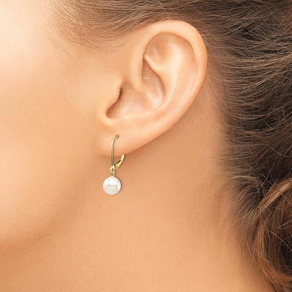 14K Yellow Gold 7 8mm White Round Freshwater Cultured Pearl Dangle Leverback Earrings