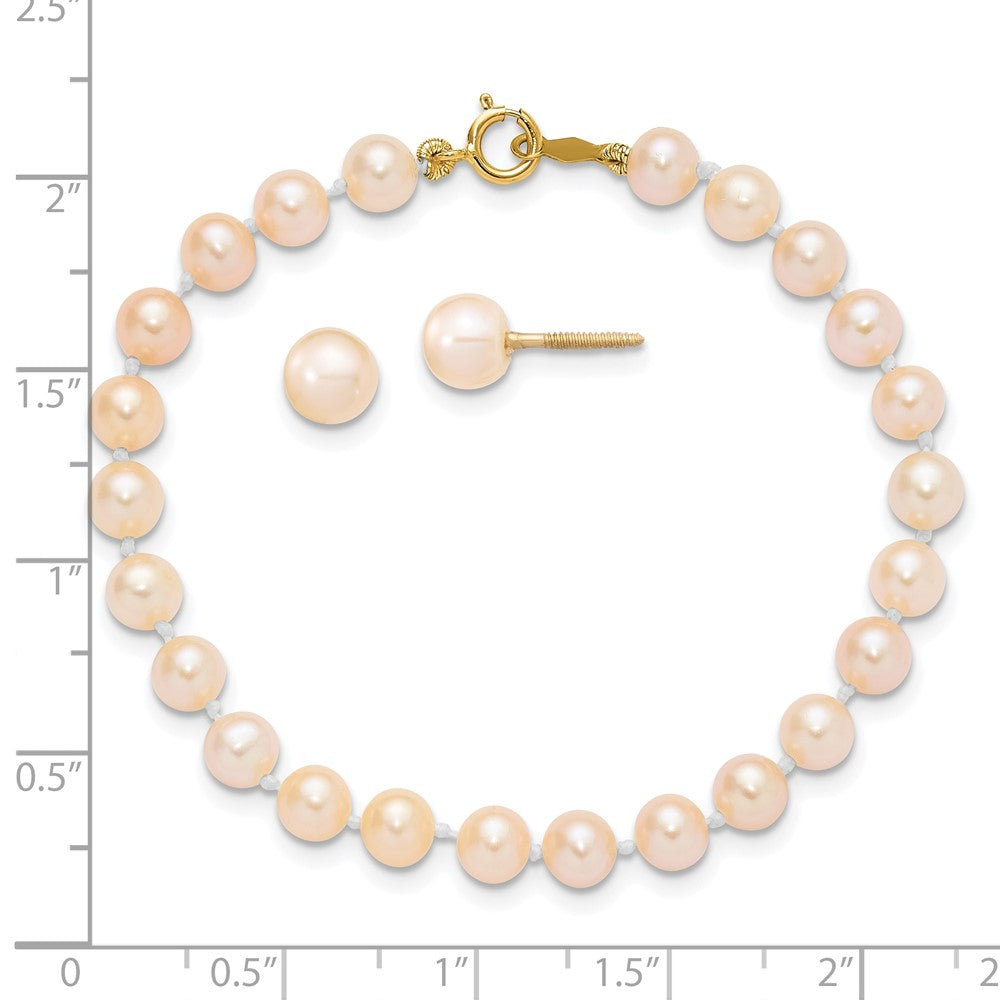 14K Yellow Gold Madi K 4-5mm Pink Freshwater Cultured Pearl 5.5" Bracelet & Earrings Set