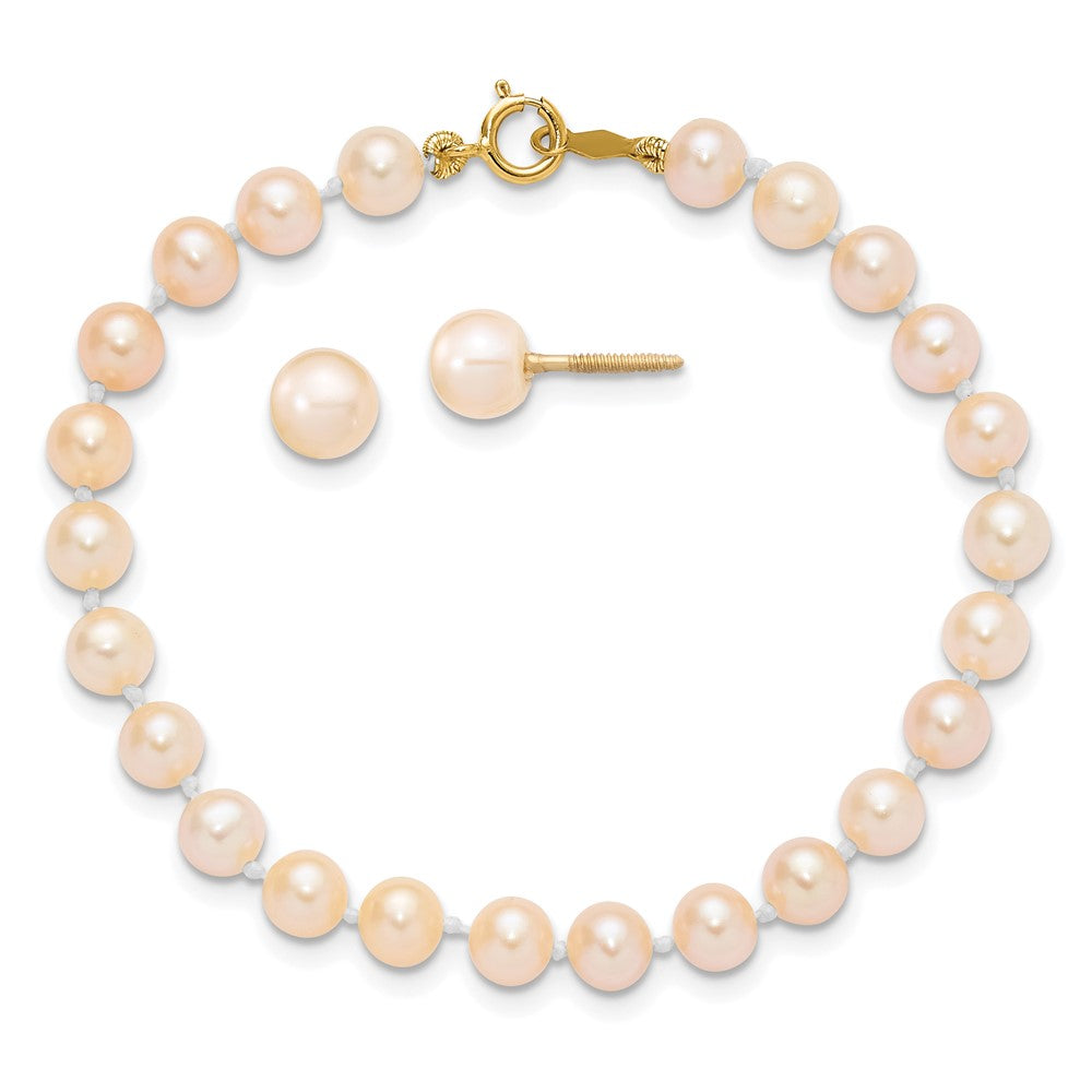 14K Yellow Gold Madi K 4-5mm Pink Freshwater Cultured Pearl 5.5" Bracelet & Earrings Set