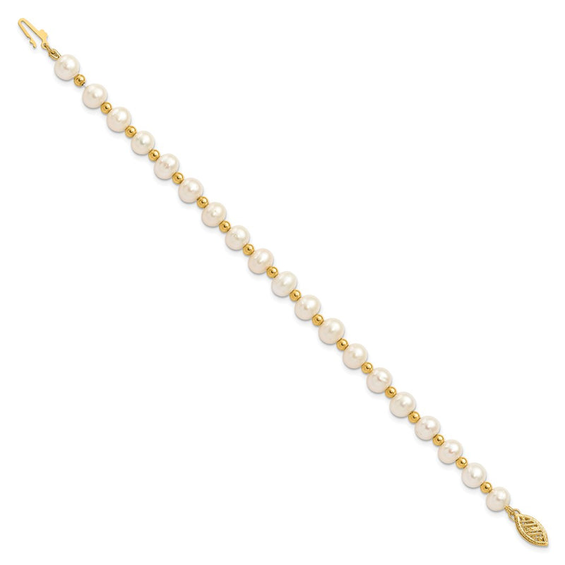 14K Yellow Gold 6 7mm White Near Round Freshwater Cultured Pearl Beaded 7 Inch Bracelet