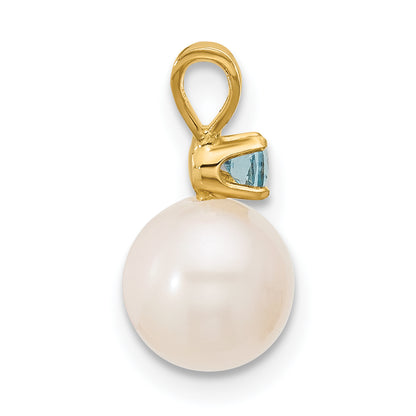 14k Yellow Gold 14k 7-7.5mm White Round Freshwater Cultured Pearl and .09BT Swiss Blue Topaz Pendant