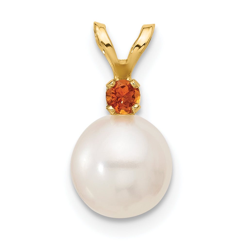 14k Yellow Gold 14k 7-7.5mm White Round Freshwater Cultured Pearl and .07CI Citrine Pendant