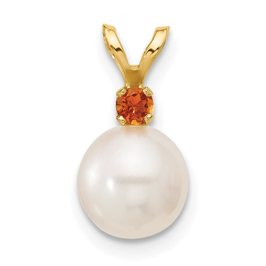 14k Yellow Gold 14k 7-7.5mm White Round Freshwater Cultured Pearl and .07CI Citrine Pendant