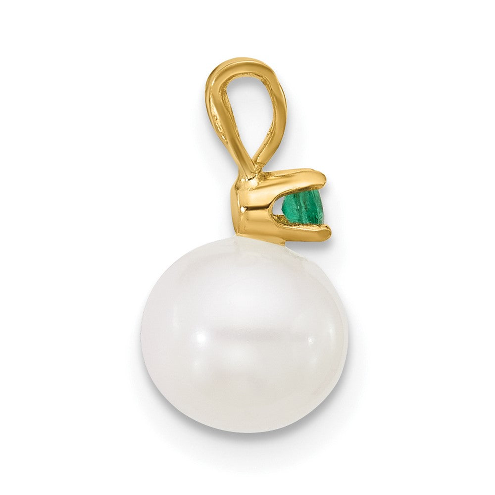 14K Yellow Gold 7-7.5mm White Round Fwc Pearl Emerald Pendant